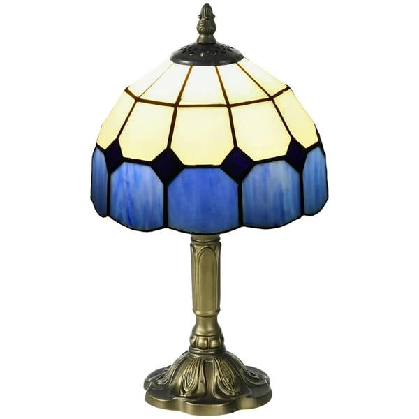 Art Deco glass table lamp with blue stained-glass shade and bronze base