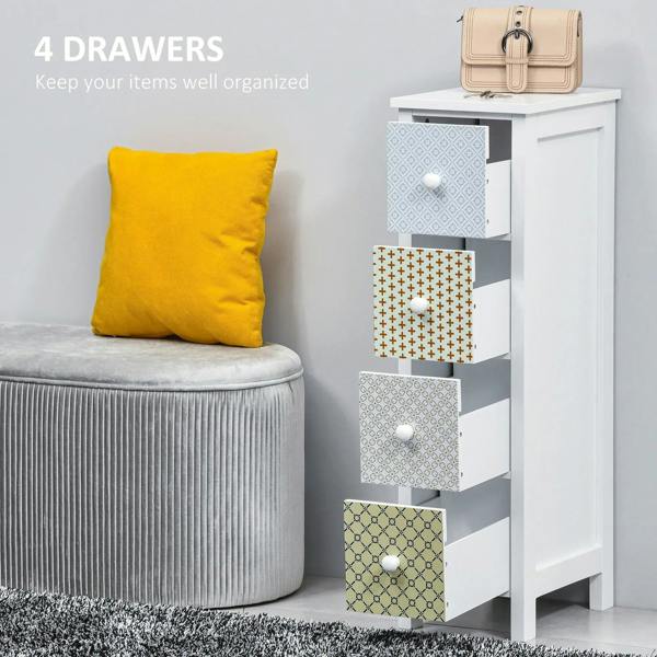 White narrow 4-drawer cabinet with colorful geometric drawer fronts and round knobs.