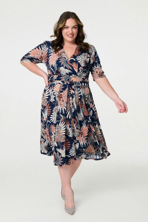 Navy | Tropical Print 1/2 Sleeve Midi Wrap Dress :  Model is 5'8"/172 cm and wears UK18/EU46/US14/AUS18