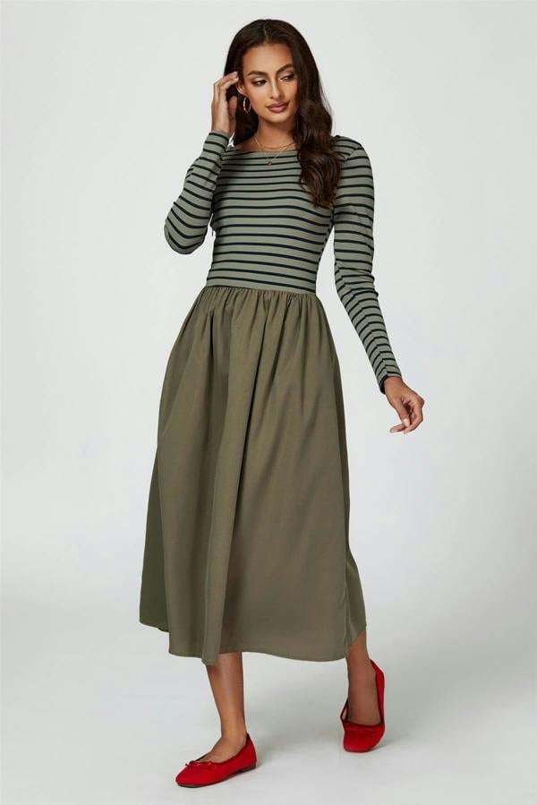 FS Collection Long Sleeve Stripe Midi Dress In Olive