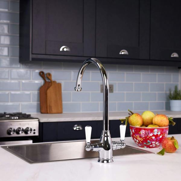 Flode Halden | Dual Lever Kitchen Sink Mixer Tap with Swivel Spout | Polished Chrome Finish