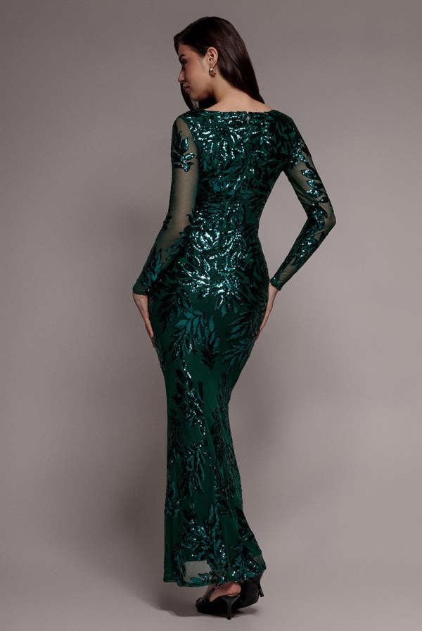 Sequin Leaf Long Sleeve Maxi Dress - Emerald Green DR4359