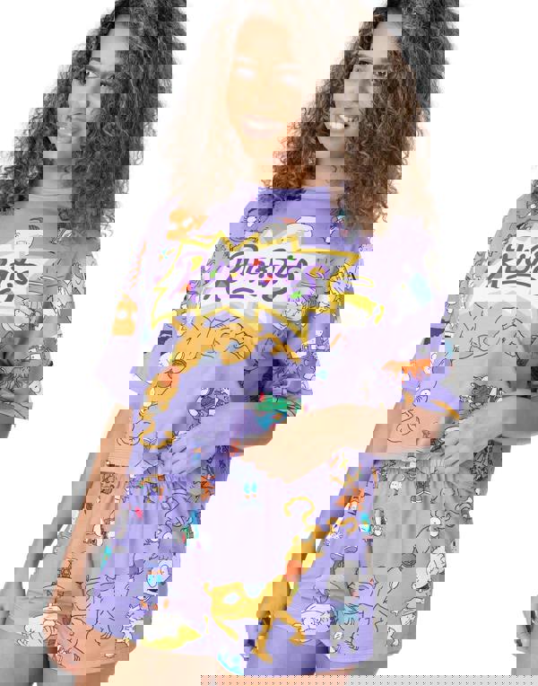 Rugrats Womens Purple Logo & Character All-Over Print Short Sleeve Short Leg Pyjama Set