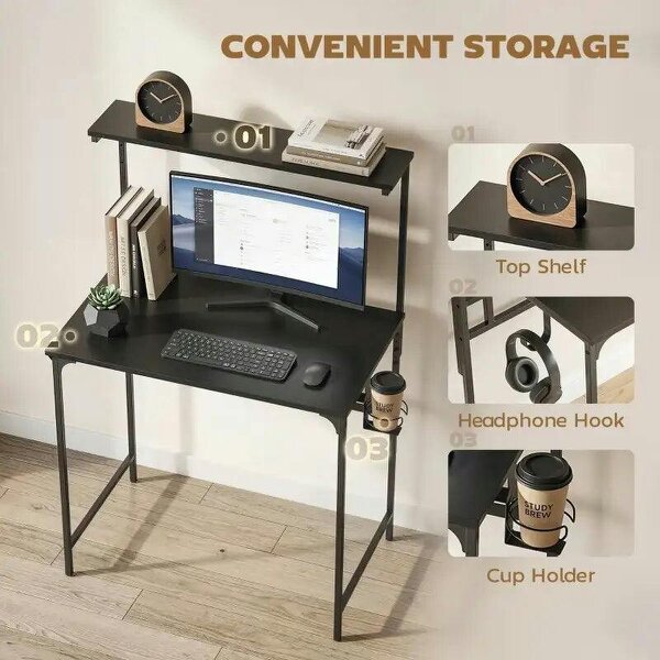 Computer Desk, 80cm Home Office Study Table with Hutch Shelf, Cup Holder, Headphone Hook, Black