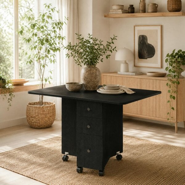 Wyld Haus Midile Wooden Distressed Black Drop Leaf Dining Table With Storage Seating 6