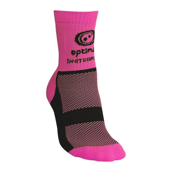 Fluro pink Optimum NiteBrite cycling sock with black mesh sole and logo, side view on white - Optimum