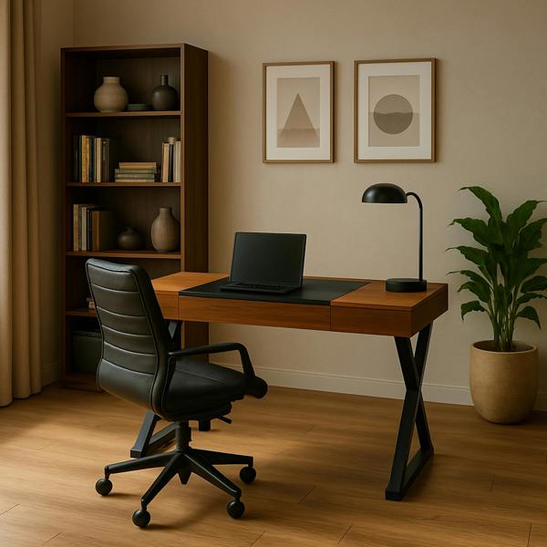 Homeology ADONIS Walnut with Matte Black Legs Ergonomic Home Office Luxury Desk