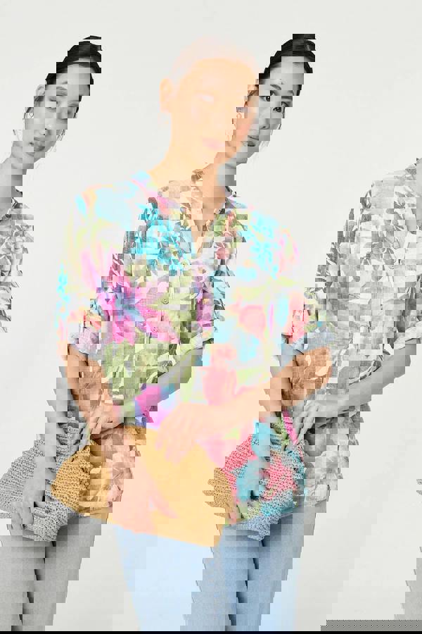 White | Floral Turn-Up Sleeve Relaxed Blouse