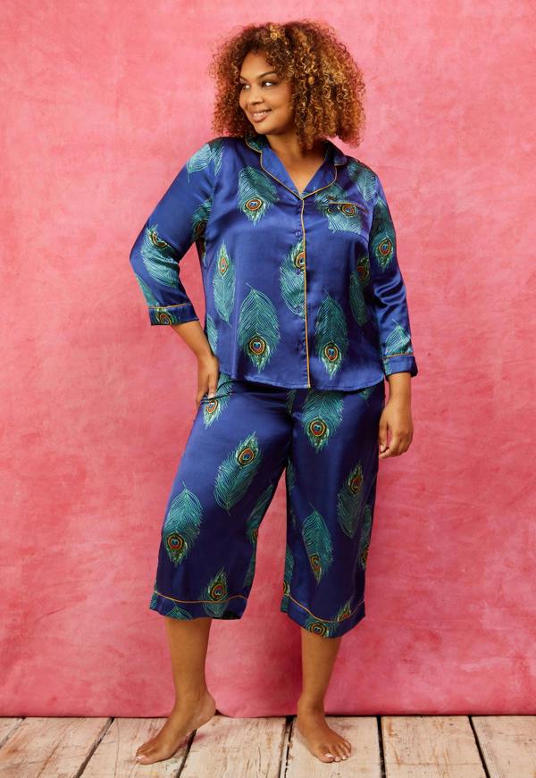 Their Nibs Womens Satin Cropped Sleeve Capri Pyjamas Navy Blue Peacock Feather