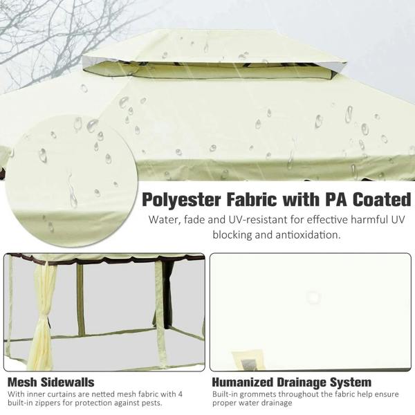 Cream polyester gazebo fabric with mesh sidewalls and PA-coated material close-up