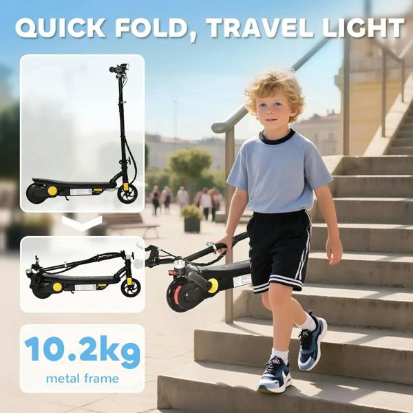 Black electric scooter with foldable frame and compact profile for travel
