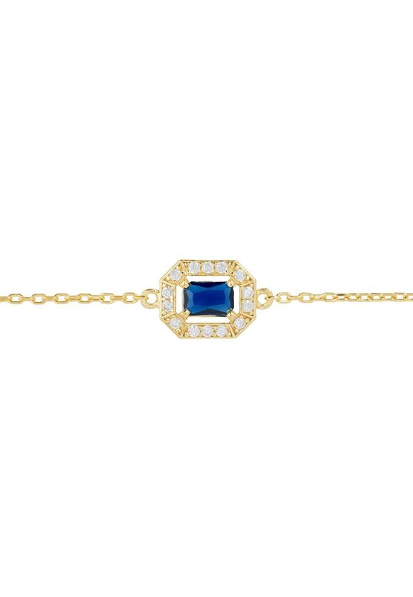 Gold bracelet with a blue gemstone and diamond accents on a white background