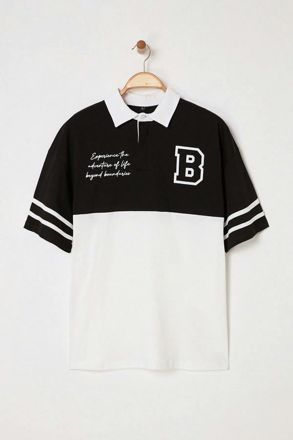 WOVCOR Oversize Color-Block Brooklyn Print Polo Neck Men's T-shirt