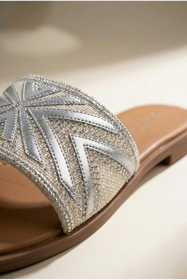 Octavia Geometric Woven Strap Sliders - Silver