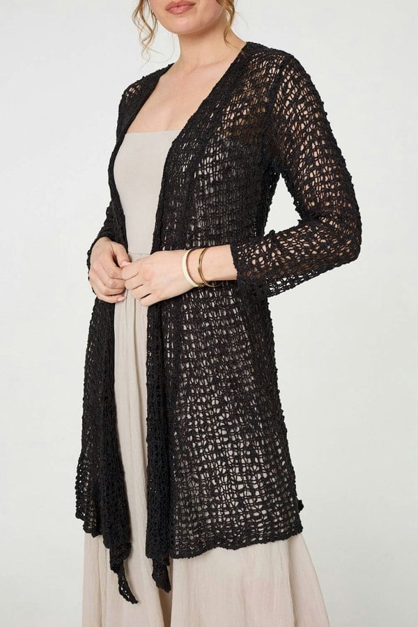 Black | Crochet Knit Longline Waterfall Cardigan
