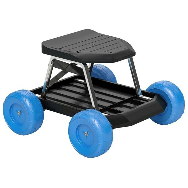 Blue garden storage cart with top seat, black frame, four inflatable wheels