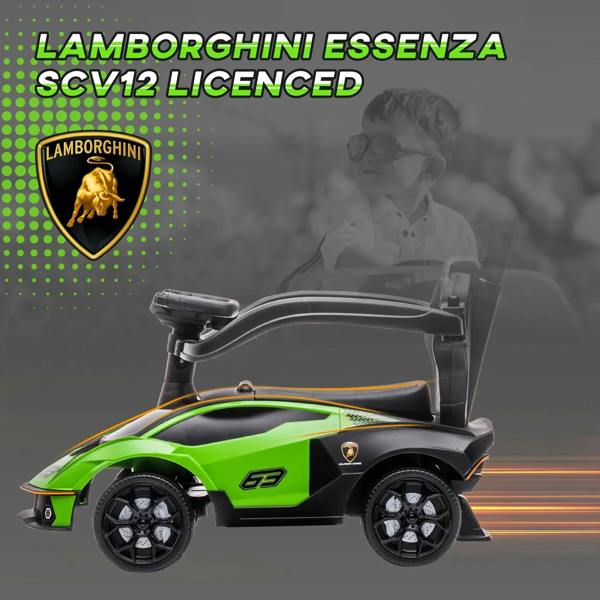 Green kids Lamborghini ride-on stroller with steering wheel and front wheel pods