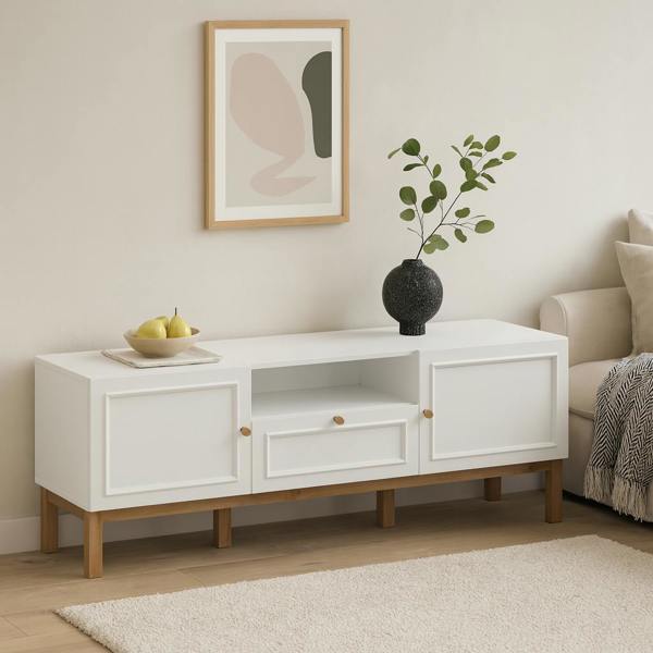 Wyld Haus Turku Light Grey TV Unit with Oak Detail 2 Doors 1 Drawer