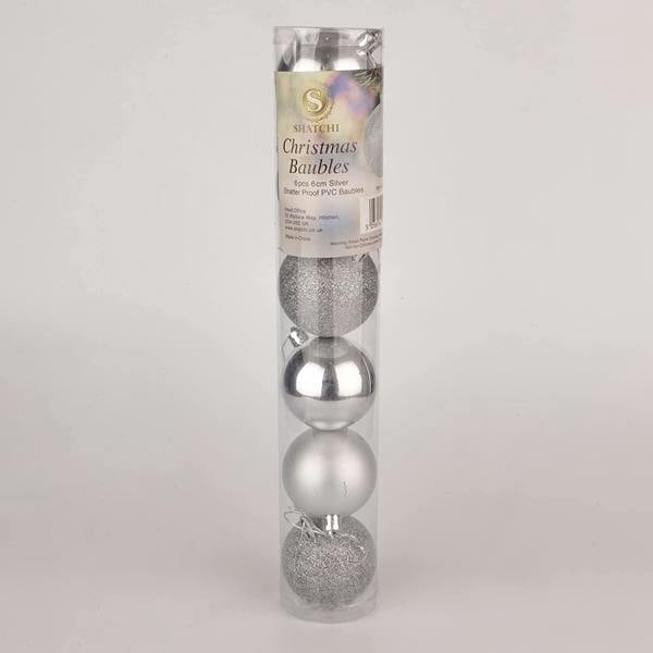 Shatchi 60mm Shatterproof Silver Christmas Baubles in 6 Pack or 18 Pack Assorted Finishes