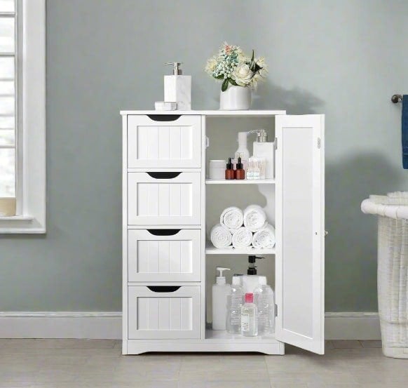 Modcraft Bathroom Floor Cabinet Wooden Freestanding Storage with 4 Drawers & 1 Door Adjustable Shelf – White