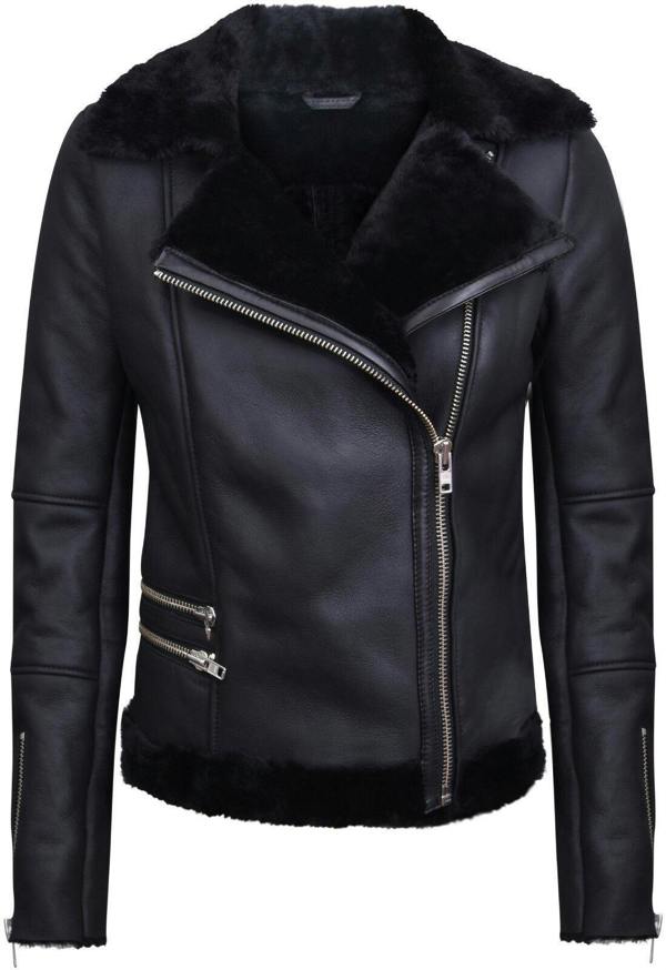 Infinity Leather Womens Black Shearling Sheepskin Aviator Jacket-Kiev