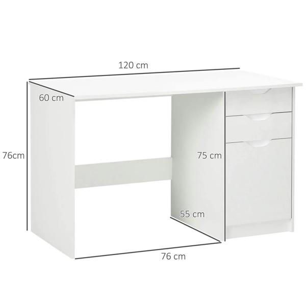 White computer desk dimensions view with open space and drawer cabinet on right