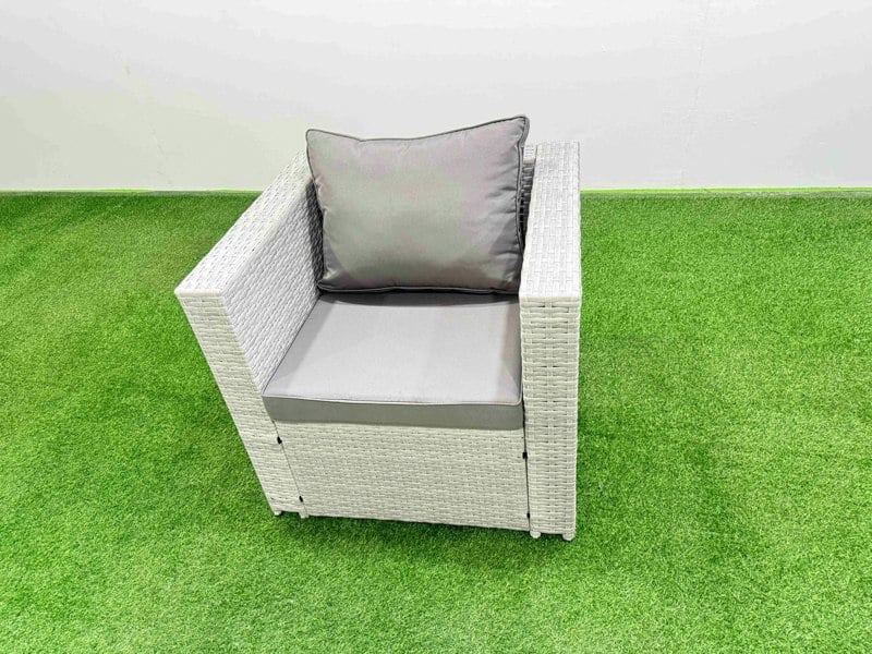 Fimous Patio Garden Furniture Sets with Black Glass Top Dining Table 3 Seater Sofa Armchair 2 Side Tables Big Stool Light Grey