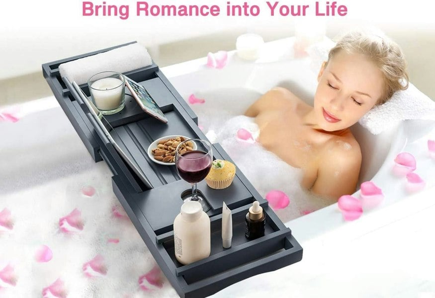 MANTRARAJ Bamboo Bath Tray Extendable Bath Caddy Trays for Bathtub Accessories with Tablet Slots Candle Cup Holder Grey