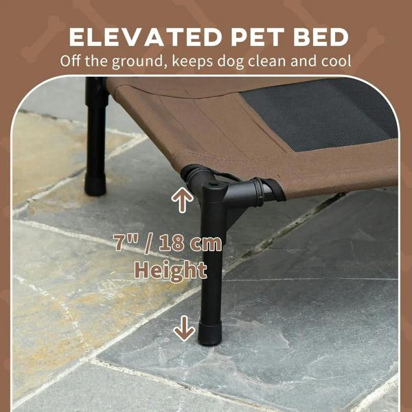 Brown elevated pet cot with raised legs and dome canopy