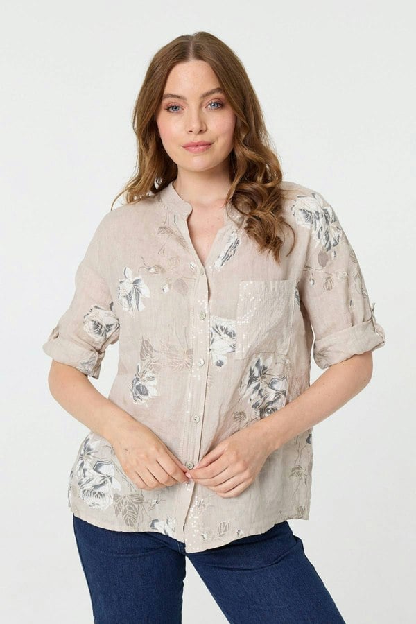 Beige | Floral 3/4 Turn-Up Sleeve Blouse