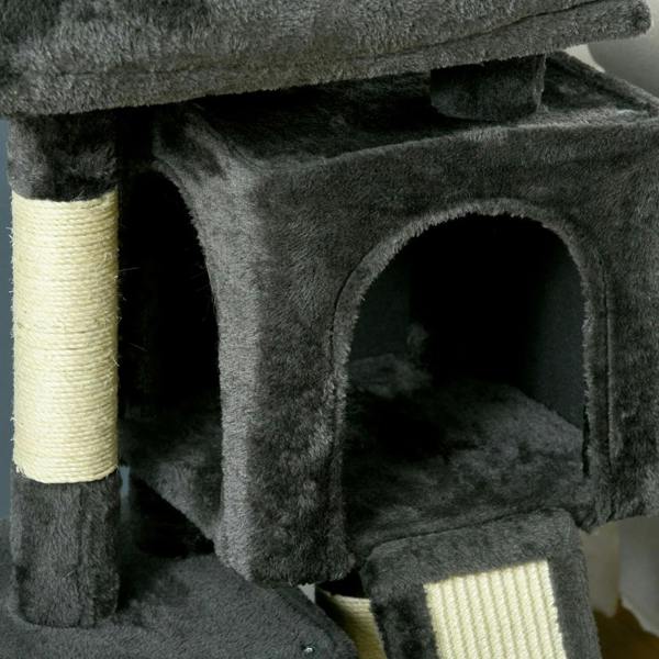 Black plush cat tree with round doorway cubby and sisal-wrapped side post close-up