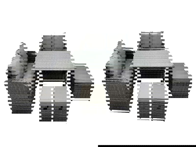 Fimous Wicker PE Rattan Garden Outdoor Furniture Set Love Sofa Dining Table Sets with 3 Stools Dark Grey Mixed