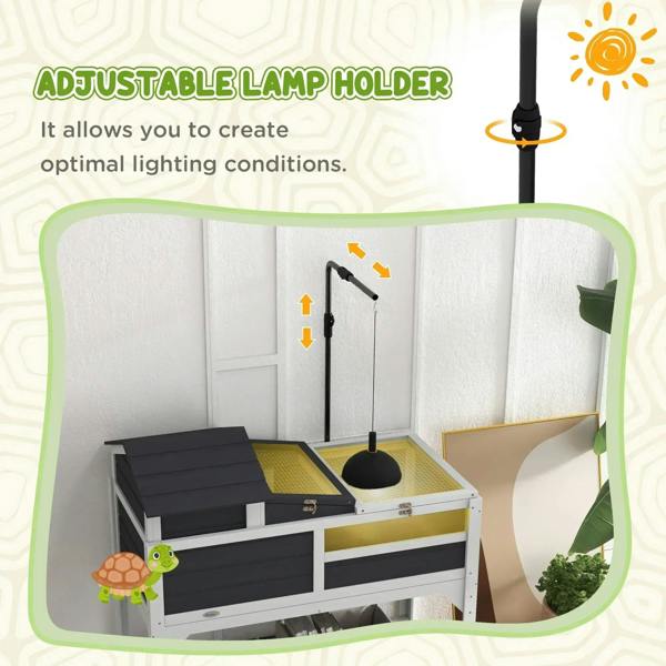 Gray tortoise enclosure with adjustable lamp holder above the ramp