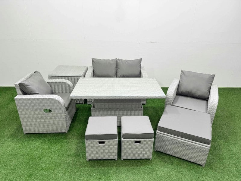 Fimous 7 Seater Light Grey PE Wicker Rattan Sofa Set - Reclining Chair, Adjustable Lifting Dining/Coffee Table & 3 Stools
