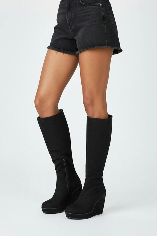 XY LONDON Knee High Wedge Heel Boots With Platforms