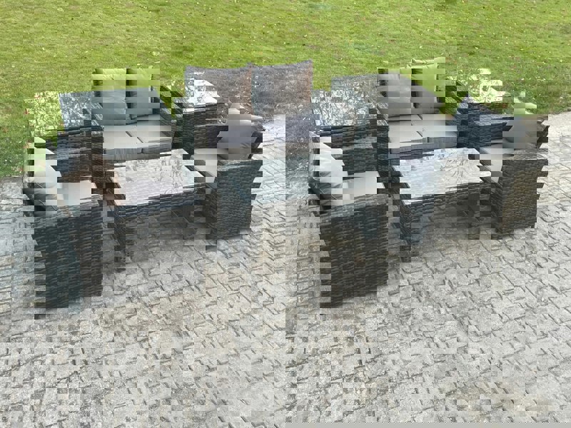Fimous 4 Seater Outdoor Rattan Garden Furniture Set Patio Lounge Sofa Set with Coffee Table 2 Side Tables Dark Grey Mixed