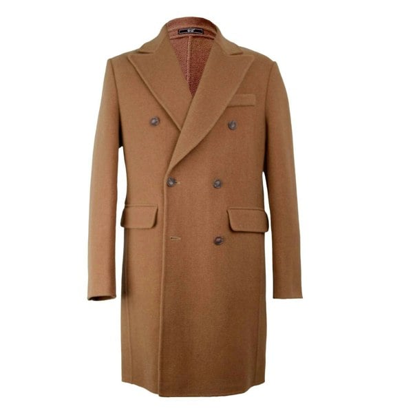 David WeJ DW Signature Double Breasted Wool Overcoat - Camel