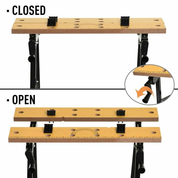Folding clamp table in closed and open modes, featuring light wood top and swivel pegs