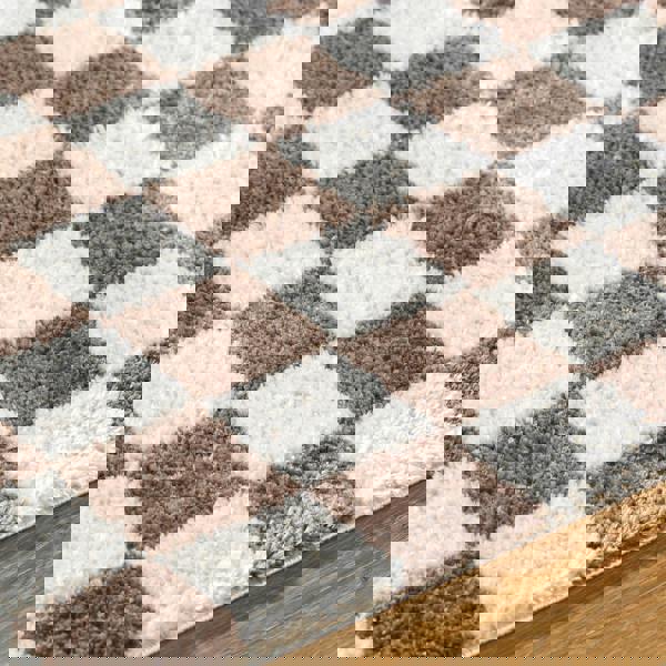Livabliss Fossay Shag-Washable Beige Brown High Pile Checkered Rug