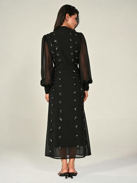 Rose & Nancy Morena Black Hand Embellished Midi Shirt Dress