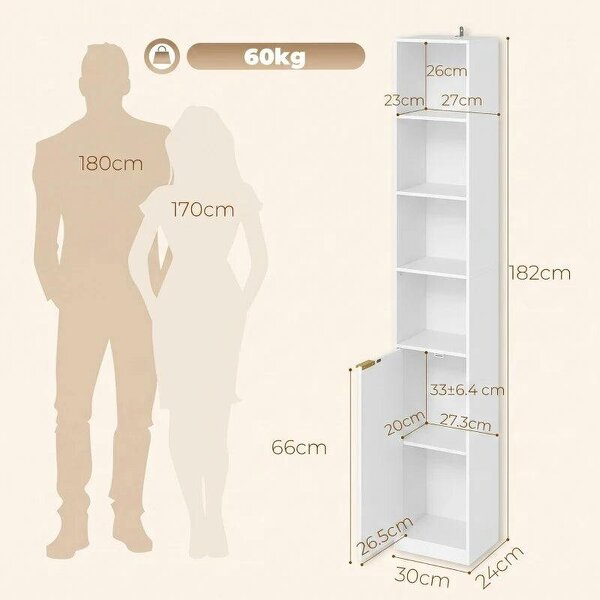 Bookcase Adjustable Shelf Bookshelf Anti-Tip Hardware 6-Tier Storage Cabinet White Wood Effect