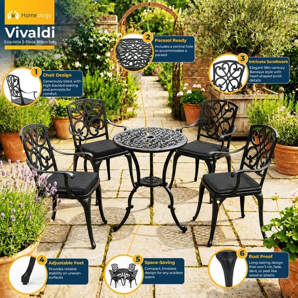 Homeology VIVALDI Black 5-Piece Cast Aluminium Garden Bistro Set - with Black Cushions