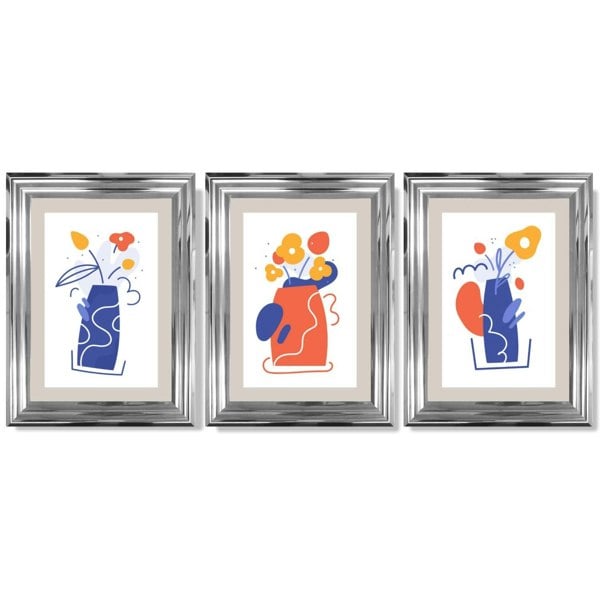 Boho Minimal Floral Blue Orange Set of 3 Framed Art Prints with Glossy Chrome Frames