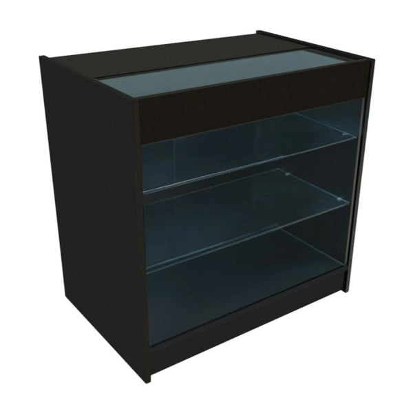 Black LED retail shop counter K900 with glass shelves and a sleek design, ideal for showcasing products in a modern store