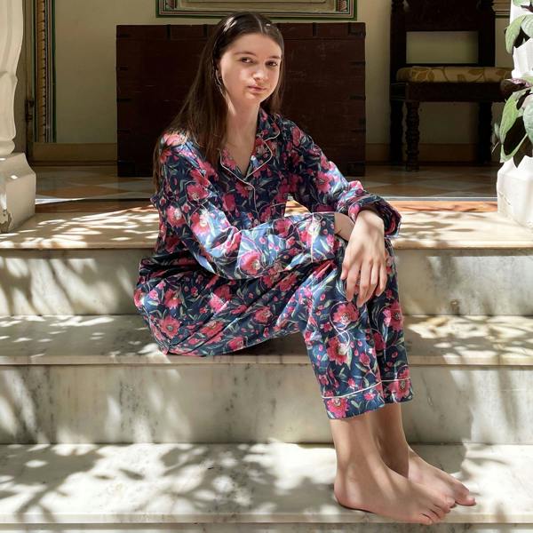 Hayley & Co Navy and Pink Block Print Floral 100% Cotton Long Pyjama Set