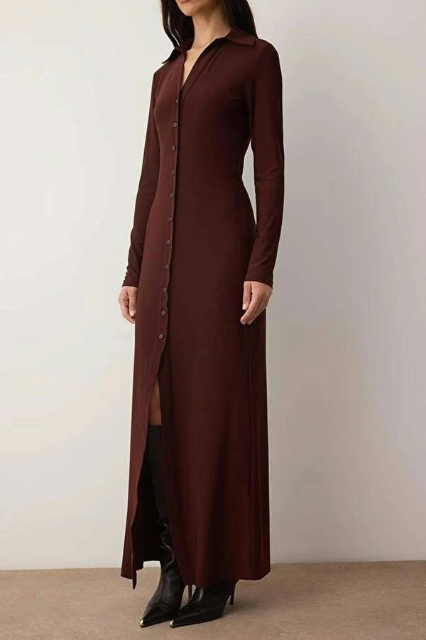 WOVCOR Polo Collar Buttoned Bodycon Maxi Knit Shirt Dress