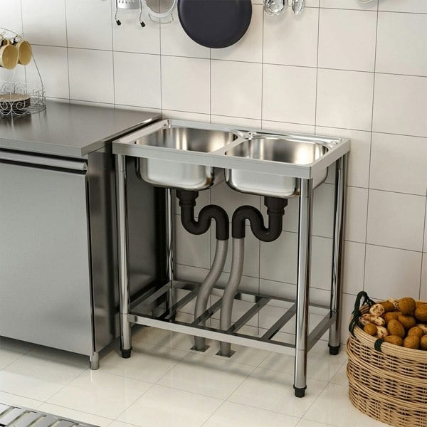 Two Compartment Stainless Steel Sink with Shelf Kitchen Sinks Living and Home