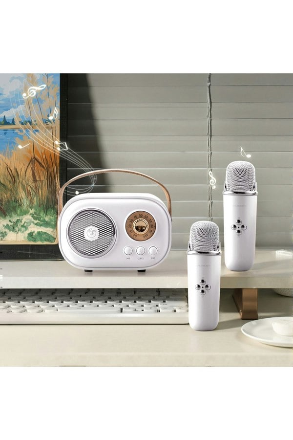 Living and Home Portable Retro bluetooth Karaoke Machine with Wireless Microphones - White