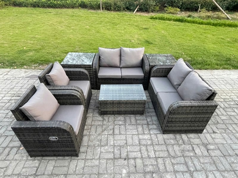 Fimous Rattan Garden Furniture Set Patio Outdoor Lounge Sofa Set with 2 Reclining Chairs Rectangular Coffee Table 2 Side Tables Dark Grey Mixed