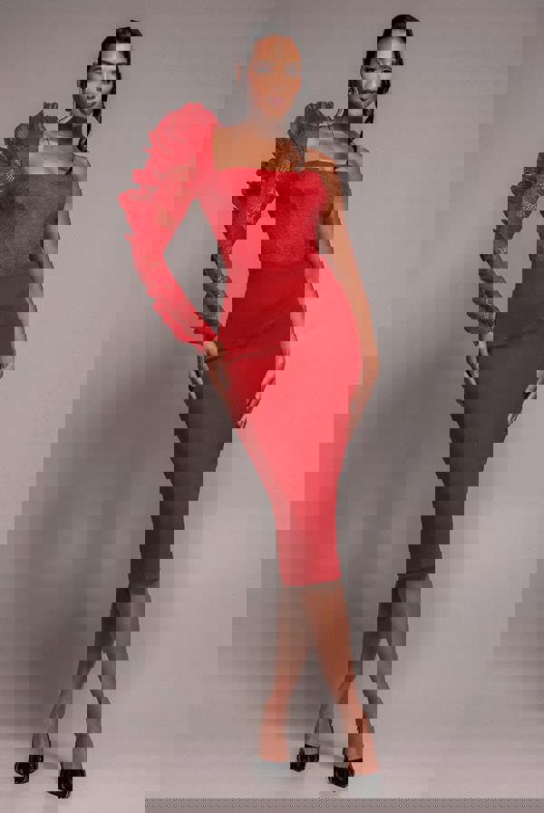 One Shoulder Organza  Fan Detail Lace Bodice Midi Dress - Red DR4607